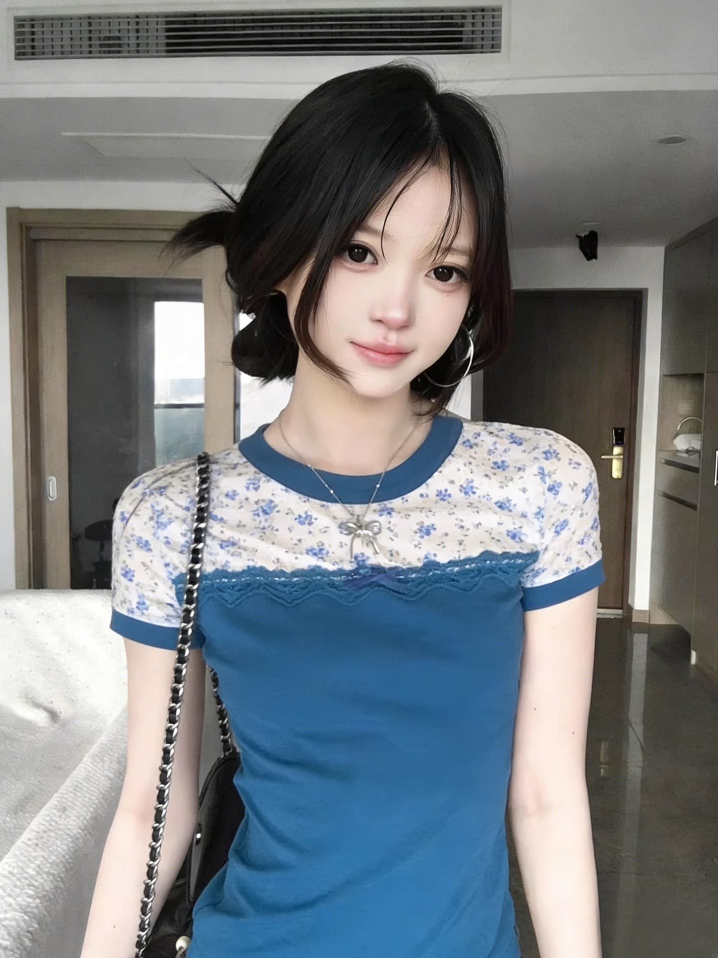 260 그램 사람들 면 패치워크 꽃무늬 나비 매듭 반팔 티셔츠 여성 여름 몸매 가꾸기 슬림해 보이는 레이스 디자인 센스 작은 맨위