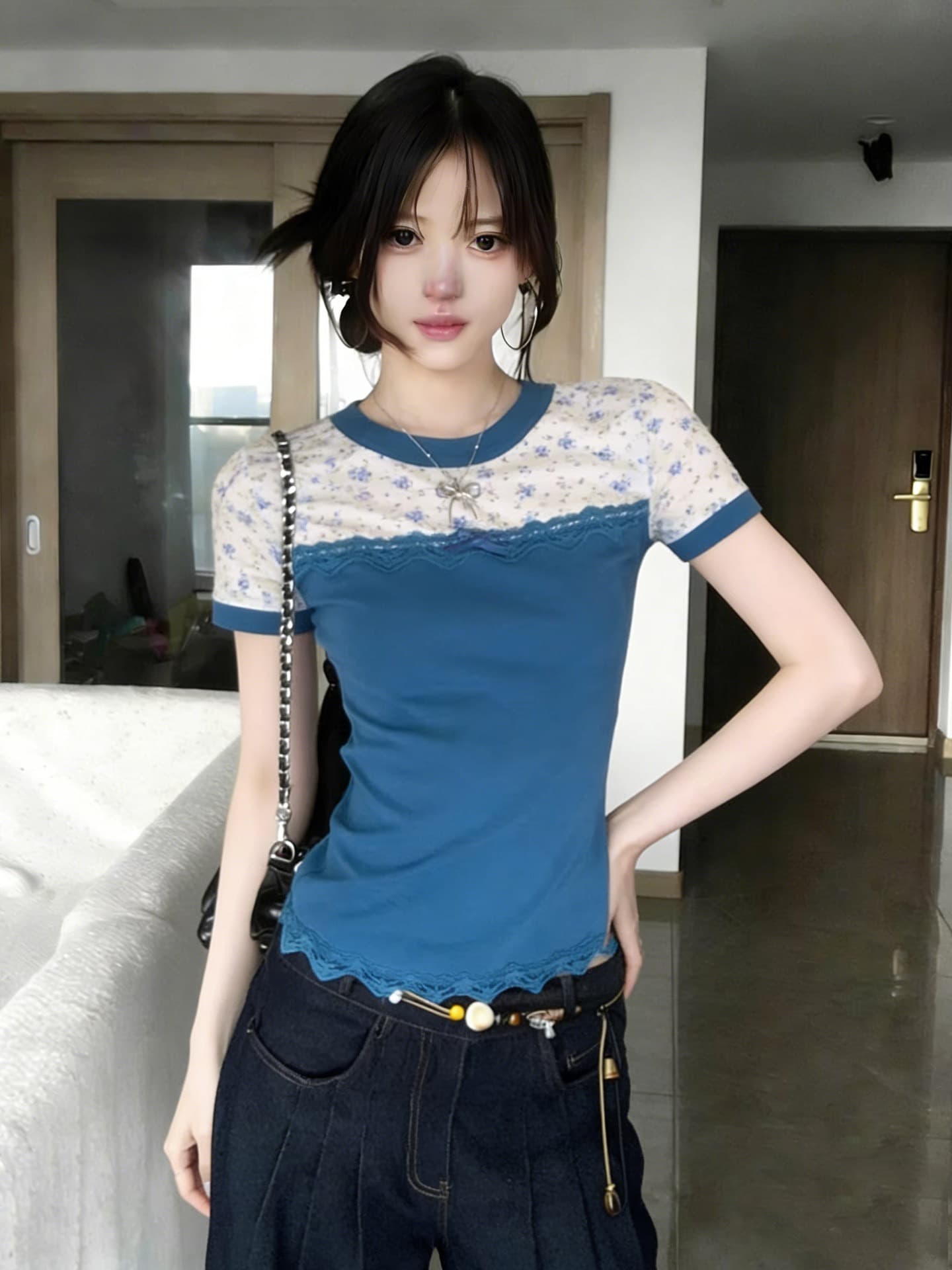 260 그램 사람들 면 패치워크 꽃무늬 나비 매듭 반팔 티셔츠 여성 여름 몸매 가꾸기 슬림해 보이는 레이스 디자인 센스 작은 맨위 상세 이미지 9