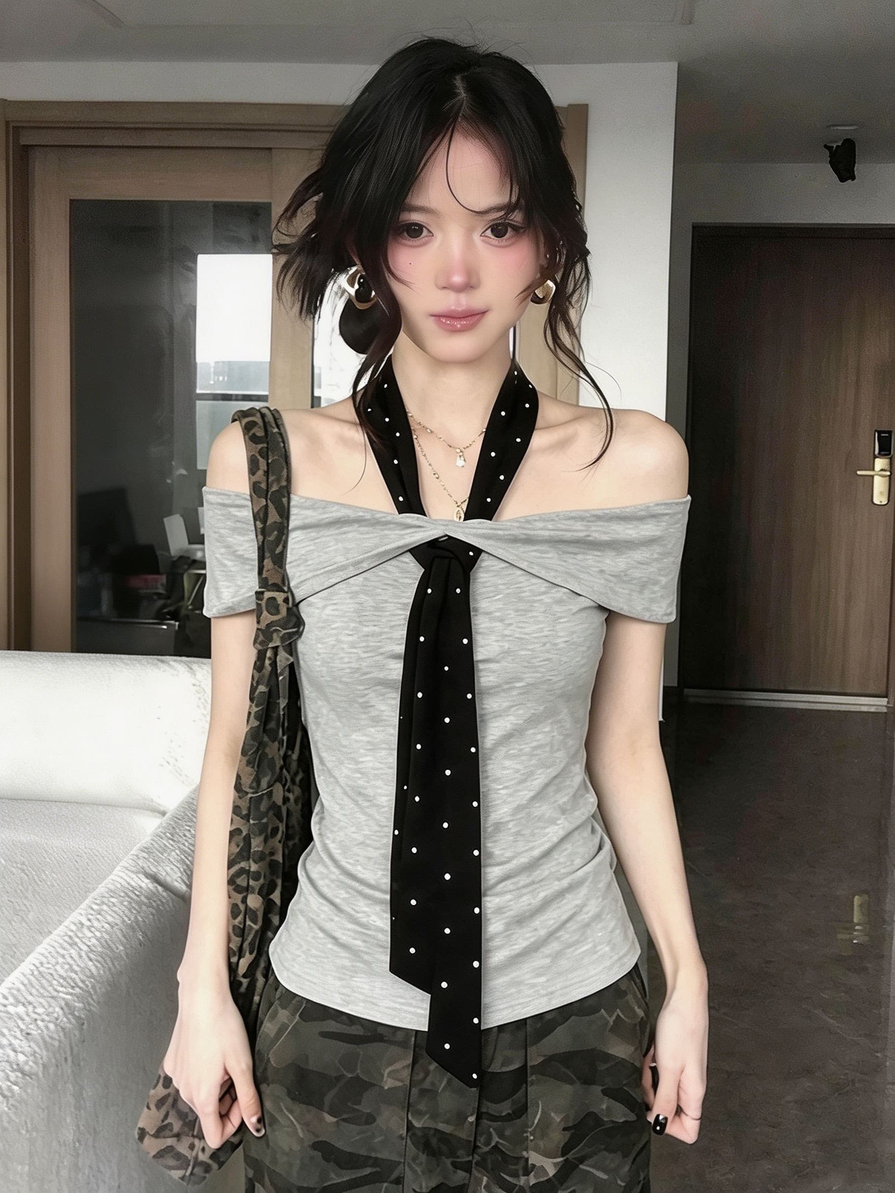사람들 면 260 그램 핫걸 바람 도트 무늬 스트랩 오프숄더 행침 목 티셔츠 여성 여름 주름 허리 수축 오프숄더 맨위 상세 이미지 3