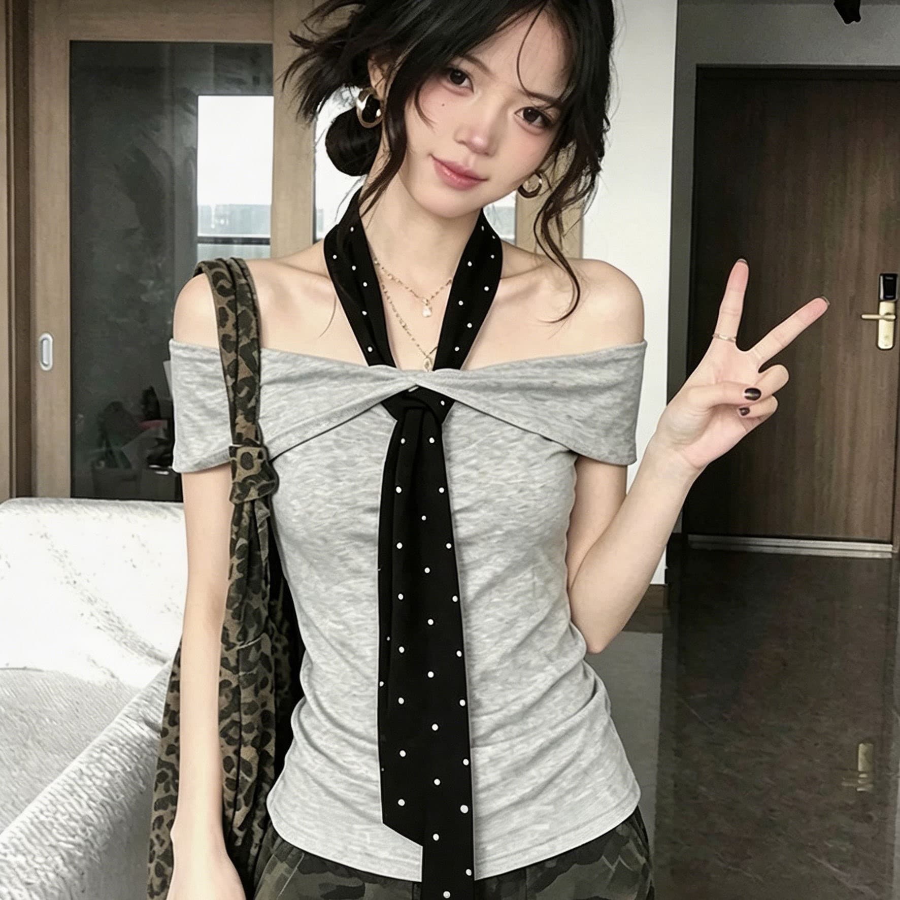 사람들 면 260 그램 핫걸 바람 도트 무늬 스트랩 오프숄더 행침 목 티셔츠 여성 여름 주름 허리 수축 오프숄더 맨위 상세 이미지 6