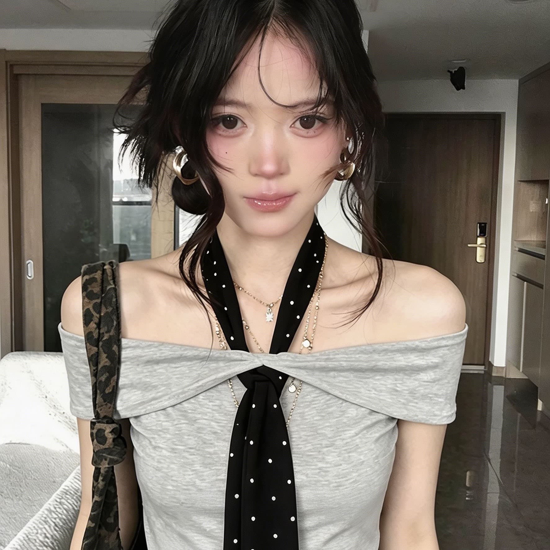 사람들 면 260 그램 핫걸 바람 도트 무늬 스트랩 오프숄더 행침 목 티셔츠 여성 여름 주름 허리 수축 오프숄더 맨위 상세 이미지 7