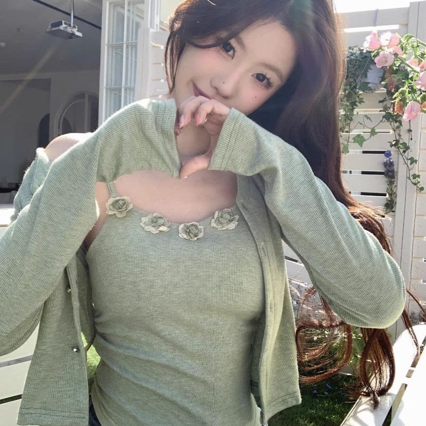 원본 솜씨 2026 새로운 부드러운 바람 세트 여성 여름 신선함 녹색 자외선 차단 3 차원 꽃 슬립 이미지 4