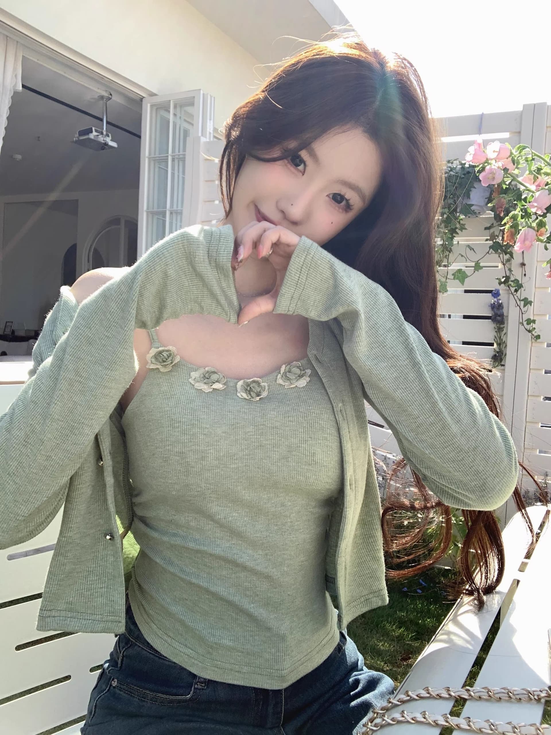 원본 솜씨 2026 새로운 부드러운 바람 세트 여성 여름 신선함 녹색 자외선 차단 3 차원 꽃 슬립 상세 이미지 5