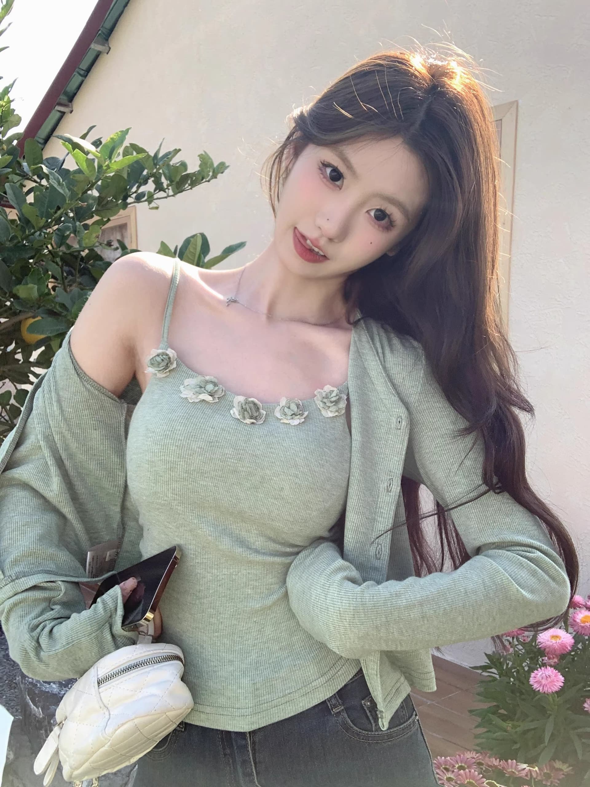 원본 솜씨 2026 새로운 부드러운 바람 세트 여성 여름 신선함 녹색 자외선 차단 3 차원 꽃 슬립 상세 이미지 6