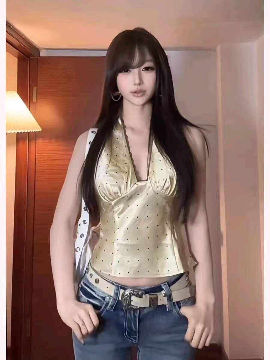 아메리칸 레트로 황색 레이스 측면 V넥 도트 무늬 행침 목 캐미솔 외출용 섹시함 슬림해 보이는 몸매 가꾸기 맨위 상세 이미지 4