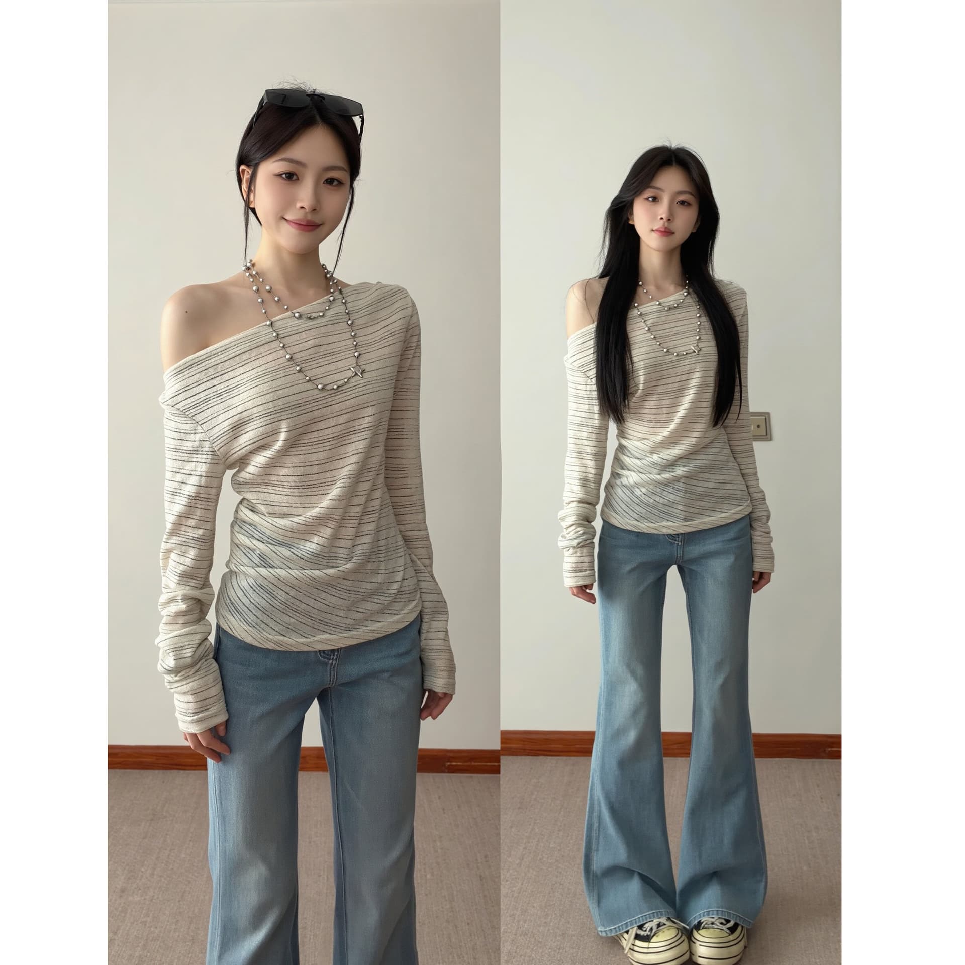 원본 컬러 짜임 기사 한 부서 스트라이프 블라우스 몸매 가꾸기 오프숄더 긴팔 티셔츠 여성 비스듬한 어깨 의류 고급 센스