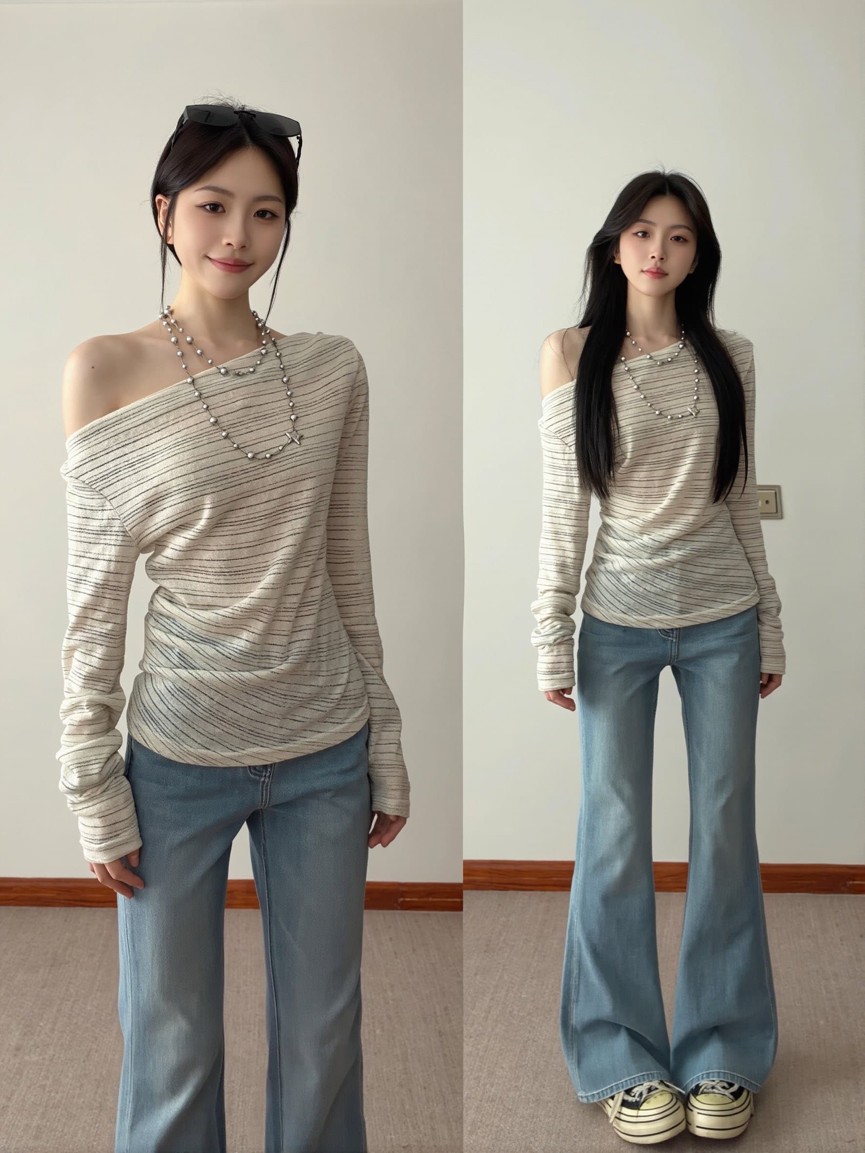 원본 컬러 짜임 기사 한 부서 스트라이프 블라우스 몸매 가꾸기 오프숄더 긴팔 티셔츠 여성 비스듬한 어깨 의류 고급 센스 상세 이미지 5