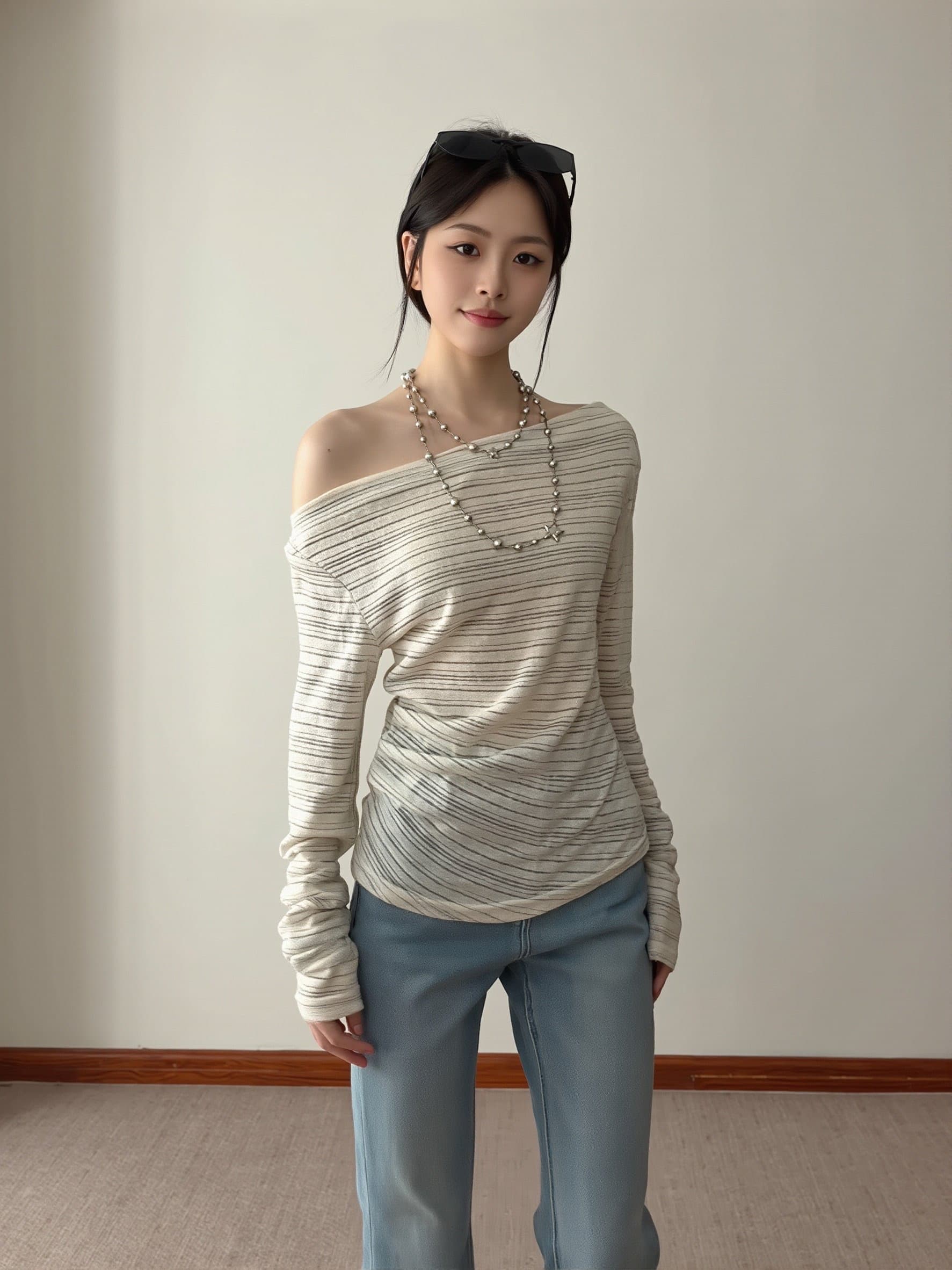 원본 컬러 짜임 기사 한 부서 스트라이프 블라우스 몸매 가꾸기 오프숄더 긴팔 티셔츠 여성 비스듬한 어깨 의류 고급 센스 상세 이미지 11