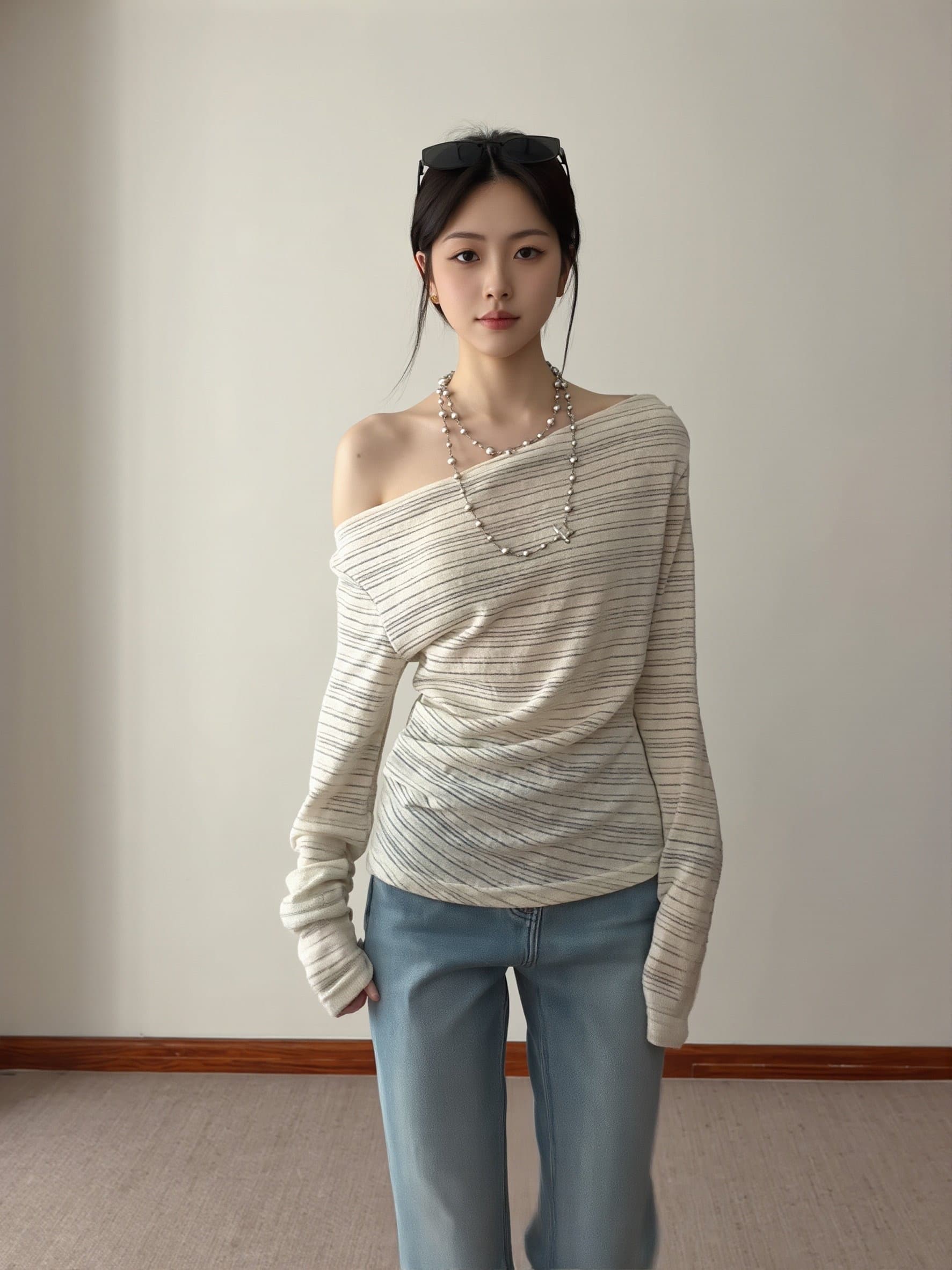 원본 컬러 짜임 기사 한 부서 스트라이프 블라우스 몸매 가꾸기 오프숄더 긴팔 티셔츠 여성 비스듬한 어깨 의류 고급 센스 상세 이미지 15