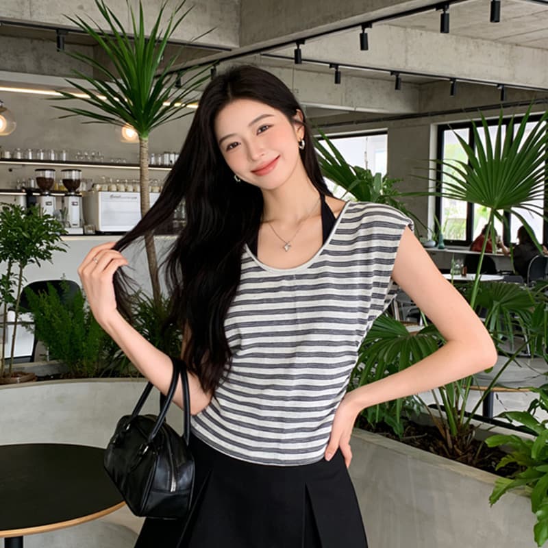 한 부서 캐주얼 바람 행침 목 페이크 레이어드 스트라이프 반팔 티셔츠 여성 여름 새로운 프로 피부 디자인 센스 슬림해 보이는 맨위 이미지 2