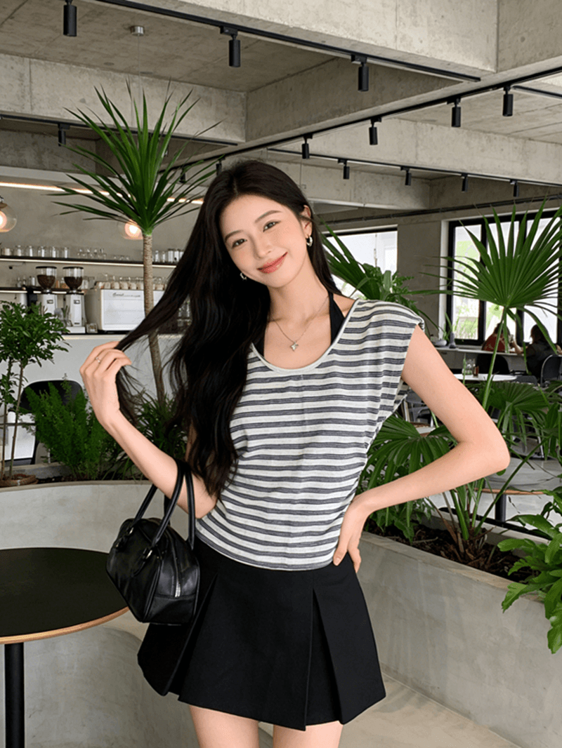 한 부서 캐주얼 바람 행침 목 페이크 레이어드 스트라이프 반팔 티셔츠 여성 여름 새로운 프로 피부 디자인 센스 슬림해 보이는 맨위 상세 이미지 4