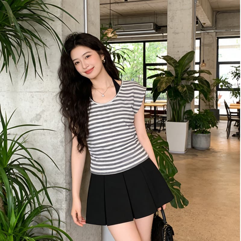 한 부서 캐주얼 바람 행침 목 페이크 레이어드 스트라이프 반팔 티셔츠 여성 여름 새로운 프로 피부 디자인 센스 슬림해 보이는 맨위 상세 이미지 6