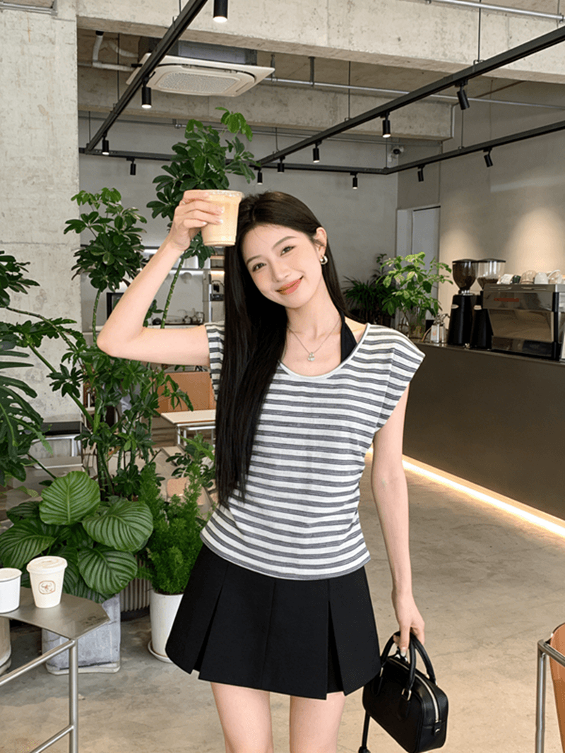 한 부서 캐주얼 바람 행침 목 페이크 레이어드 스트라이프 반팔 티셔츠 여성 여름 새로운 프로 피부 디자인 센스 슬림해 보이는 맨위 상세 이미지 9