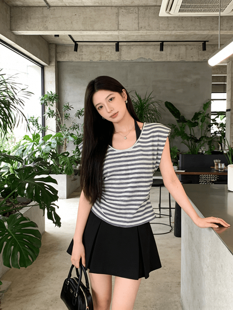 한 부서 캐주얼 바람 행침 목 페이크 레이어드 스트라이프 반팔 티셔츠 여성 여름 새로운 프로 피부 디자인 센스 슬림해 보이는 맨위 상세 이미지 10