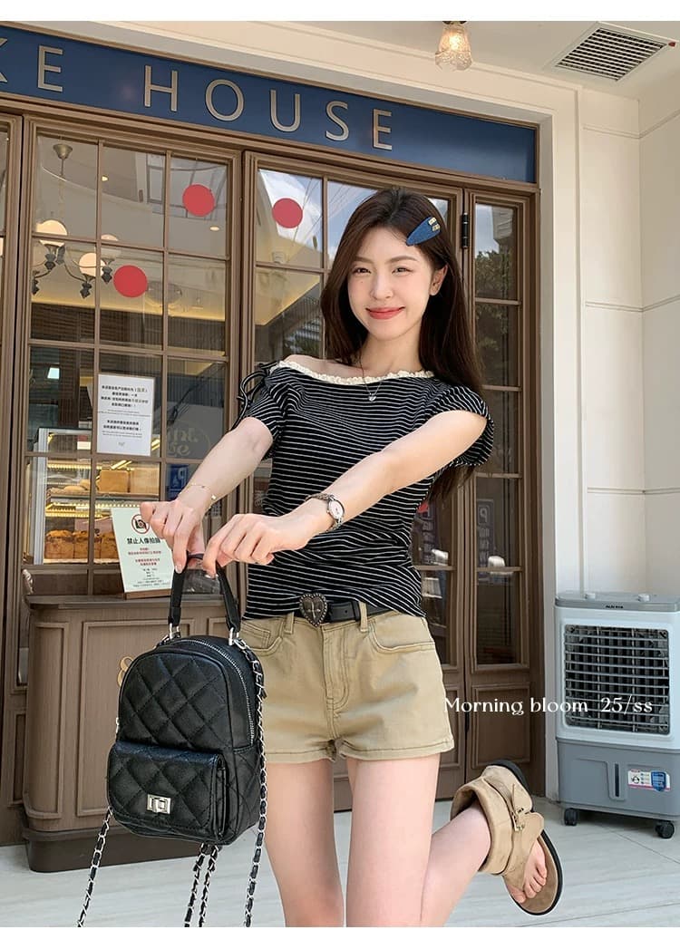 원본 컬러 짜임 기사 스트라이프 레이스 레이스 패치워크 비스듬한 어깨 반팔 티셔츠 여성 여름 허리 수축 주름 맨위 트렌디 이미지 4