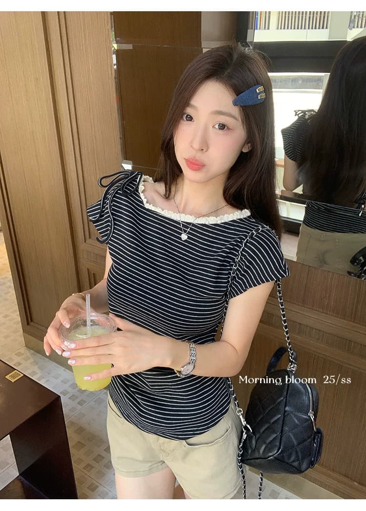 원본 컬러 짜임 기사 스트라이프 레이스 레이스 패치워크 비스듬한 어깨 반팔 티셔츠 여성 여름 허리 수축 주름 맨위 트렌디 이미지 2