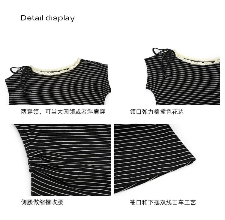 원본 컬러 짜임 기사 스트라이프 레이스 레이스 패치워크 비스듬한 어깨 반팔 티셔츠 여성 여름 허리 수축 주름 맨위 트렌디 상세 이미지 3