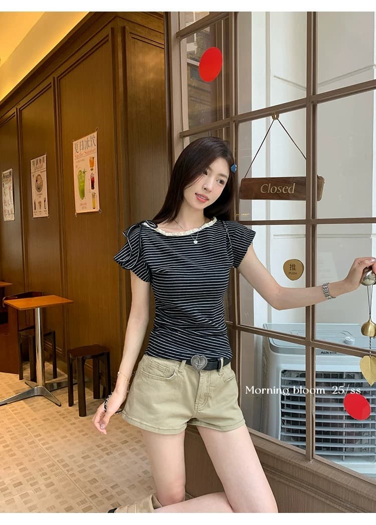 원본 컬러 짜임 기사 스트라이프 레이스 레이스 패치워크 비스듬한 어깨 반팔 티셔츠 여성 여름 허리 수축 주름 맨위 트렌디 상세 이미지 5