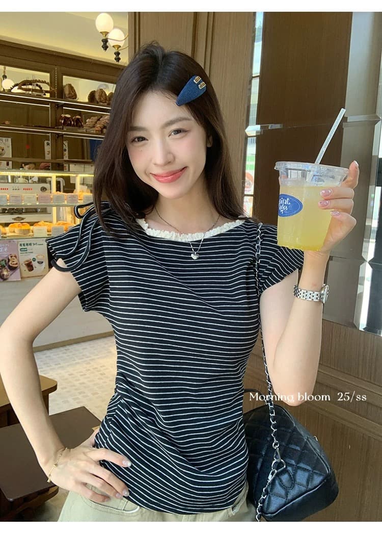 원본 컬러 짜임 기사 스트라이프 레이스 레이스 패치워크 비스듬한 어깨 반팔 티셔츠 여성 여름 허리 수축 주름 맨위 트렌디 상세 이미지 8