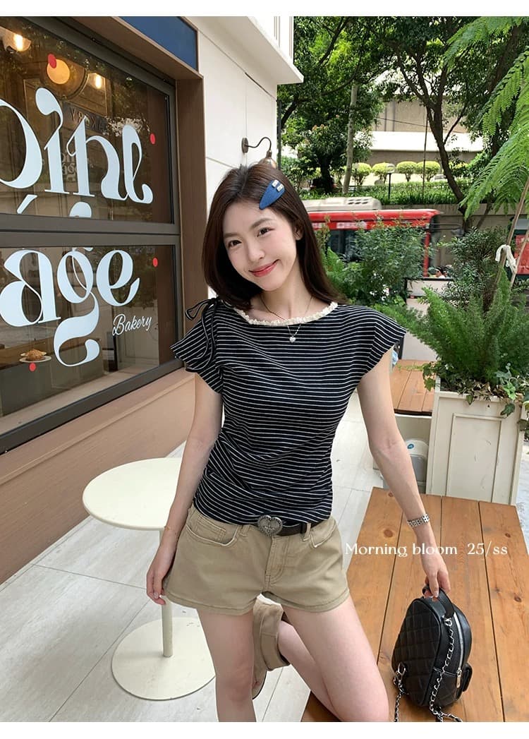 원본 컬러 짜임 기사 스트라이프 레이스 레이스 패치워크 비스듬한 어깨 반팔 티셔츠 여성 여름 허리 수축 주름 맨위 트렌디 상세 이미지 10