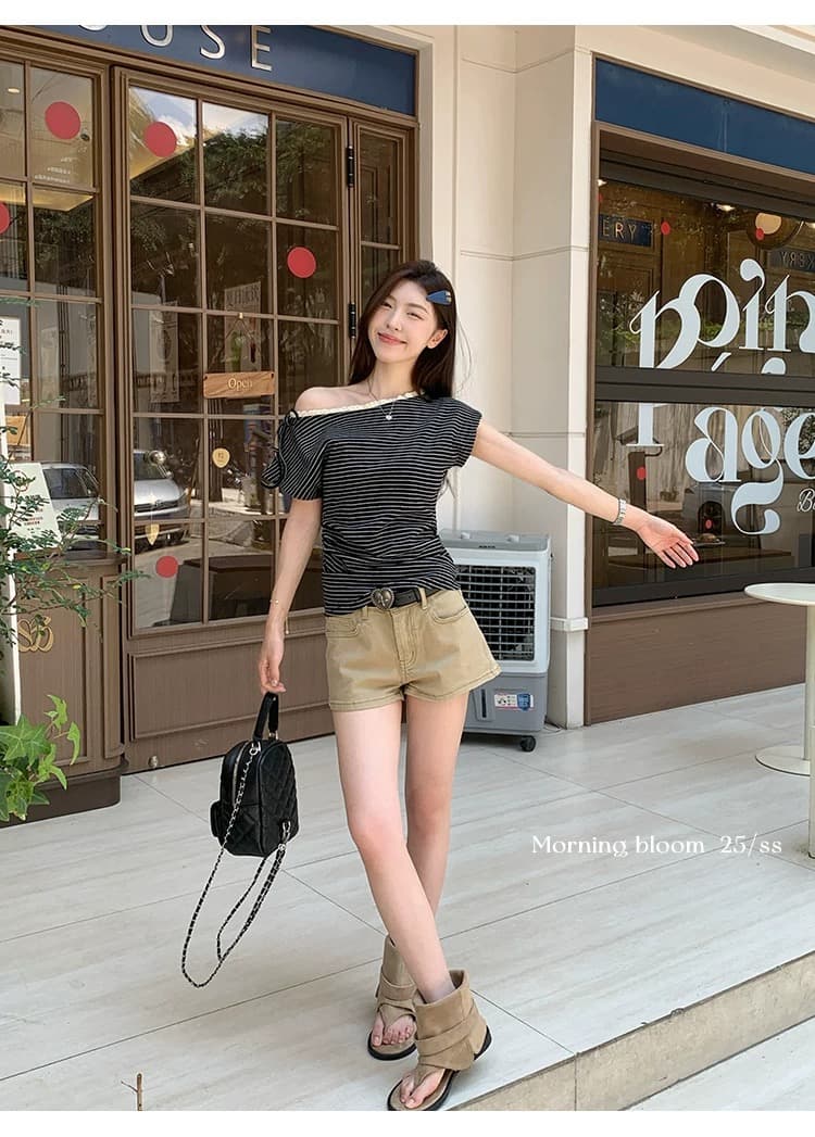 원본 컬러 짜임 기사 스트라이프 레이스 레이스 패치워크 비스듬한 어깨 반팔 티셔츠 여성 여름 허리 수축 주름 맨위 트렌디 상세 이미지 11