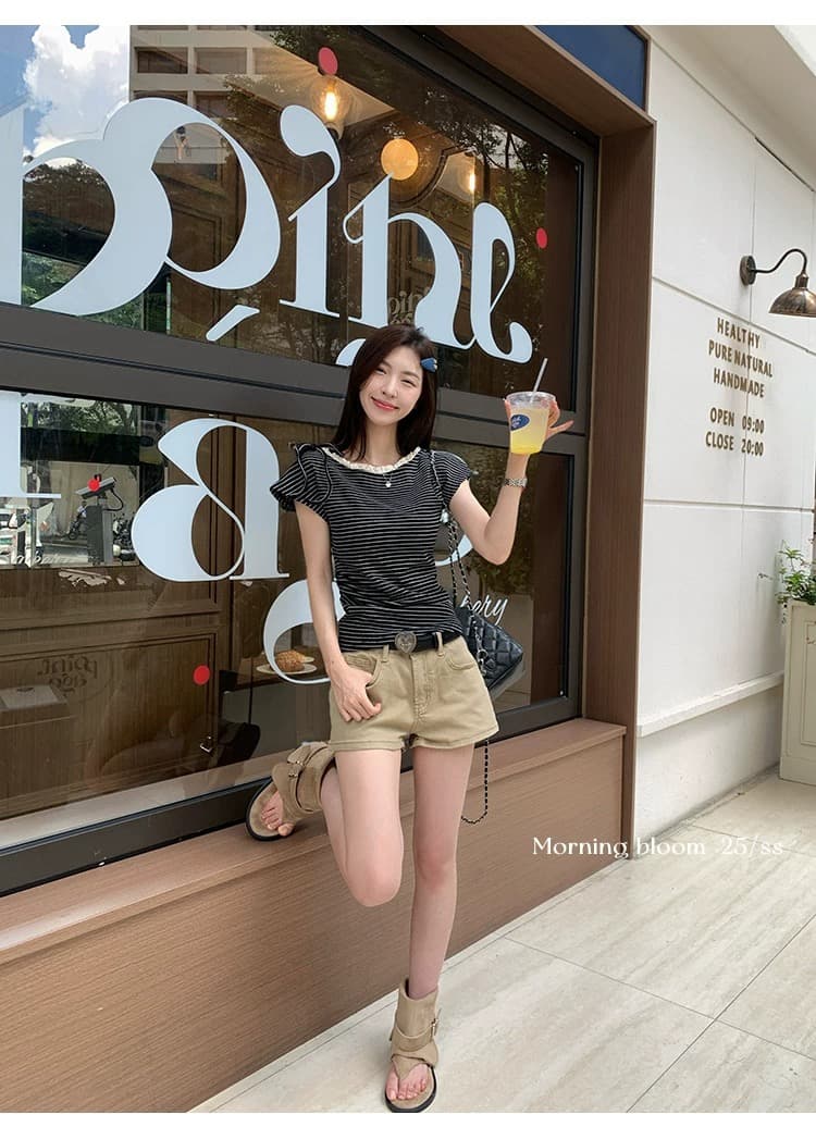 원본 컬러 짜임 기사 스트라이프 레이스 레이스 패치워크 비스듬한 어깨 반팔 티셔츠 여성 여름 허리 수축 주름 맨위 트렌디 상세 이미지 13