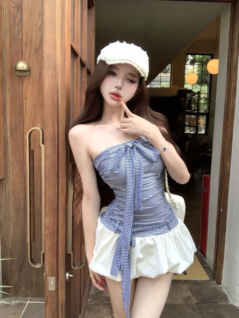 한 부서 부드러운 바람 디자인 센스 스트라이프 튜브탑 여성 드레스 여름 새로운 허리 수축 슬림해 보이는 다용도 꽃밭 미니 스커트 상세 이미지 6