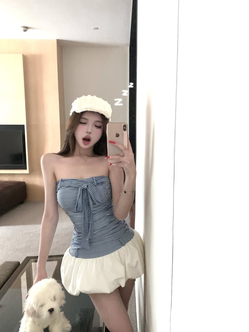 한 부서 부드러운 바람 디자인 센스 스트라이프 튜브탑 여성 드레스 여름 새로운 허리 수축 슬림해 보이는 다용도 꽃밭 미니 스커트 상세 이미지 7