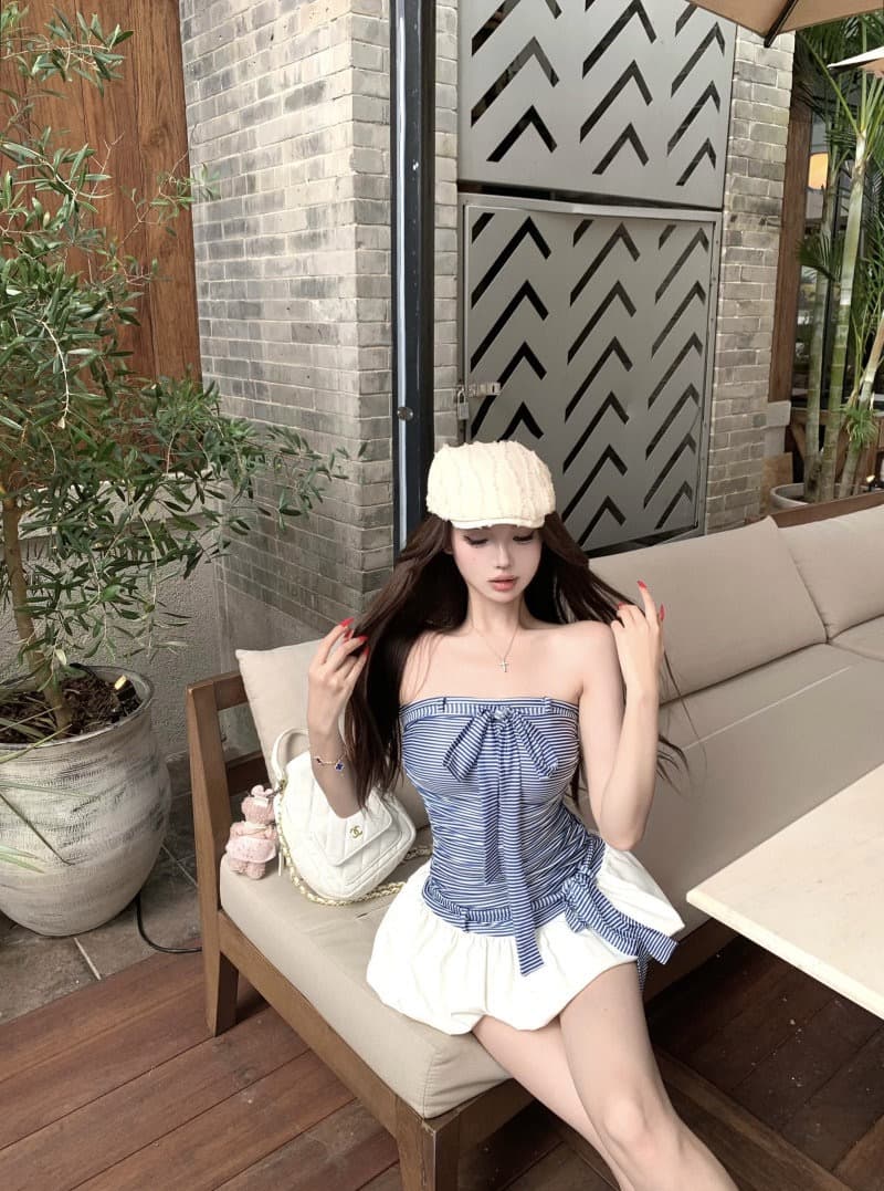 한 부서 부드러운 바람 디자인 센스 스트라이프 튜브탑 여성 드레스 여름 새로운 허리 수축 슬림해 보이는 다용도 꽃밭 미니 스커트 상세 이미지 10