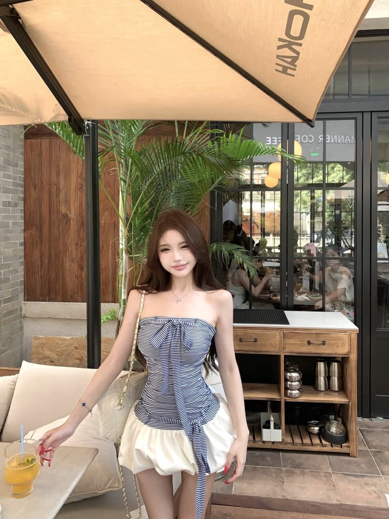 한 부서 부드러운 바람 디자인 센스 스트라이프 튜브탑 여성 드레스 여름 새로운 허리 수축 슬림해 보이는 다용도 꽃밭 미니 스커트 상세 이미지 11