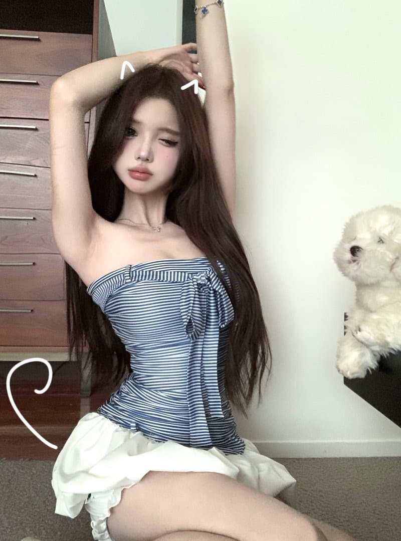 한 부서 부드러운 바람 디자인 센스 스트라이프 튜브탑 여성 드레스 여름 새로운 허리 수축 슬림해 보이는 다용도 꽃밭 미니 스커트 상세 이미지 12