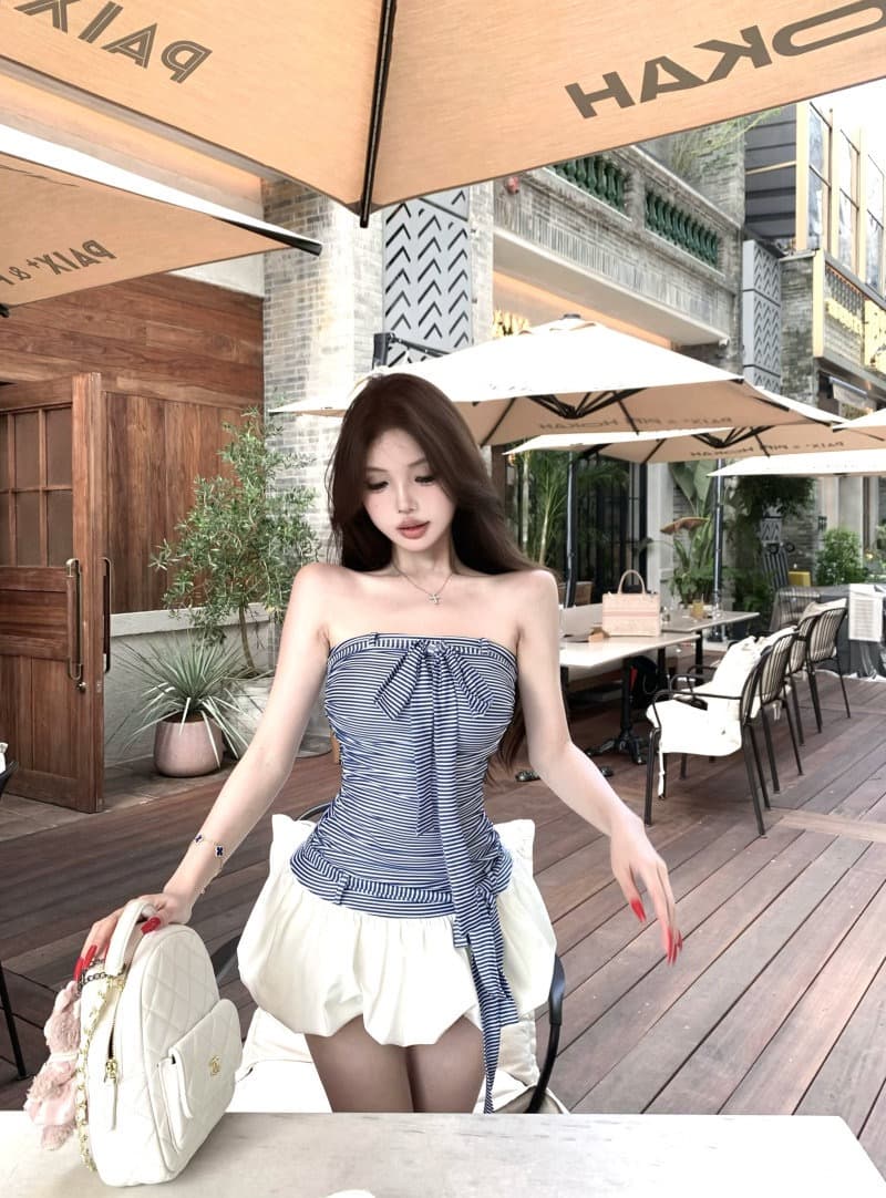 한 부서 부드러운 바람 디자인 센스 스트라이프 튜브탑 여성 드레스 여름 새로운 허리 수축 슬림해 보이는 다용도 꽃밭 미니 스커트 상세 이미지 13