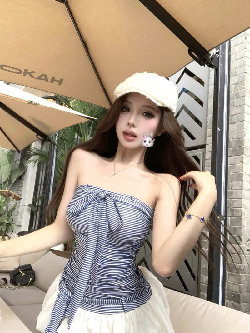 한 부서 부드러운 바람 디자인 센스 스트라이프 튜브탑 여성 드레스 여름 새로운 허리 수축 슬림해 보이는 다용도 꽃밭 미니 스커트 상세 이미지 17