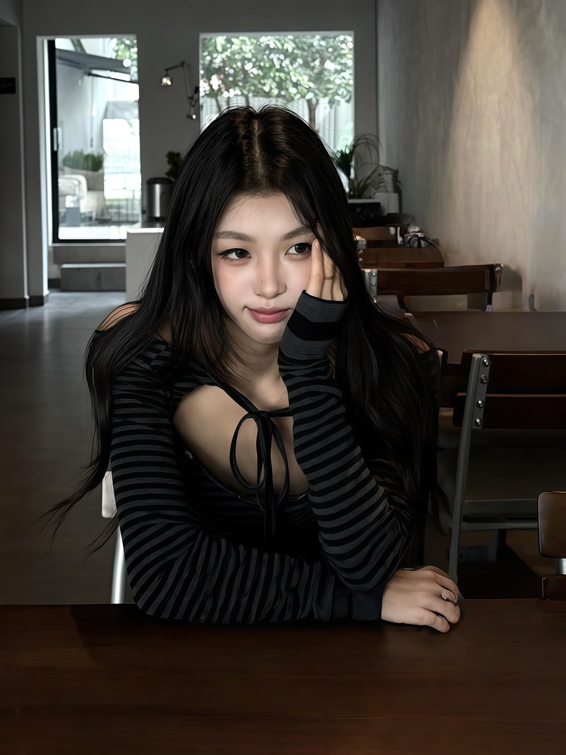 경관 그림 원본 원단 오프숄더 스트라이프 긴팔 티셔츠 여성 봄 새로운 몸매 가꾸기 슬림해 보이는 아름다운 ins 맨위 이미지 3