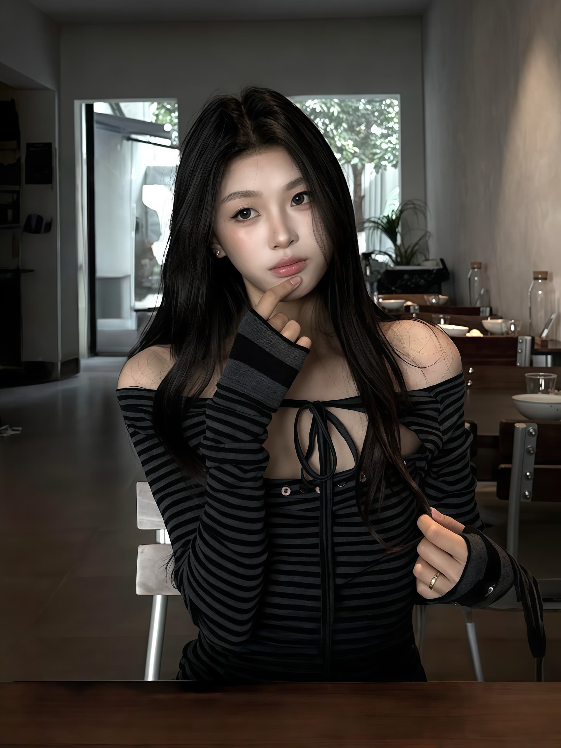 경관 그림 원본 원단 오프숄더 스트라이프 긴팔 티셔츠 여성 봄 새로운 몸매 가꾸기 슬림해 보이는 아름다운 ins 맨위 상세 이미지 9