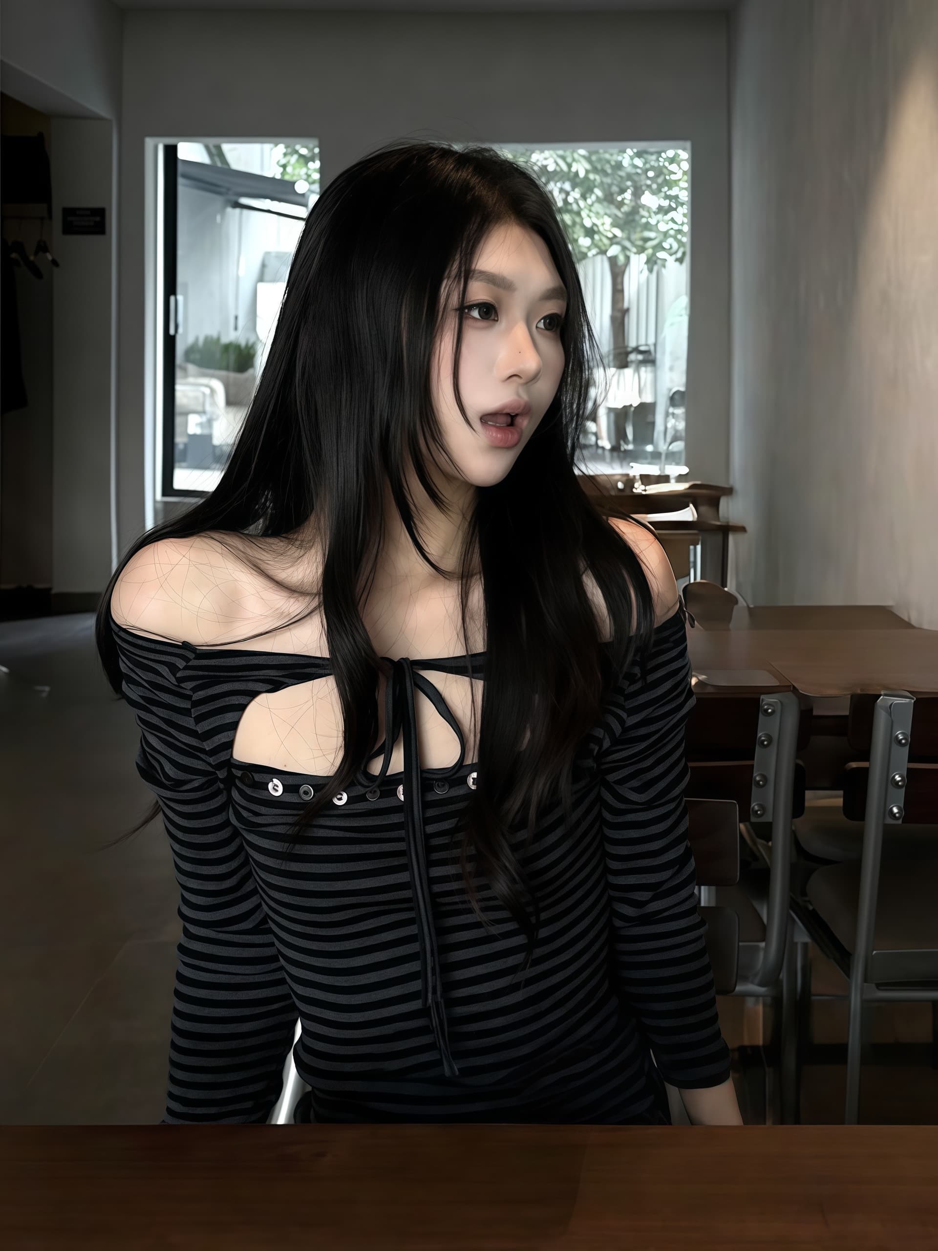 경관 그림 원본 원단 오프숄더 스트라이프 긴팔 티셔츠 여성 봄 새로운 몸매 가꾸기 슬림해 보이는 아름다운 ins 맨위 상세 이미지 10