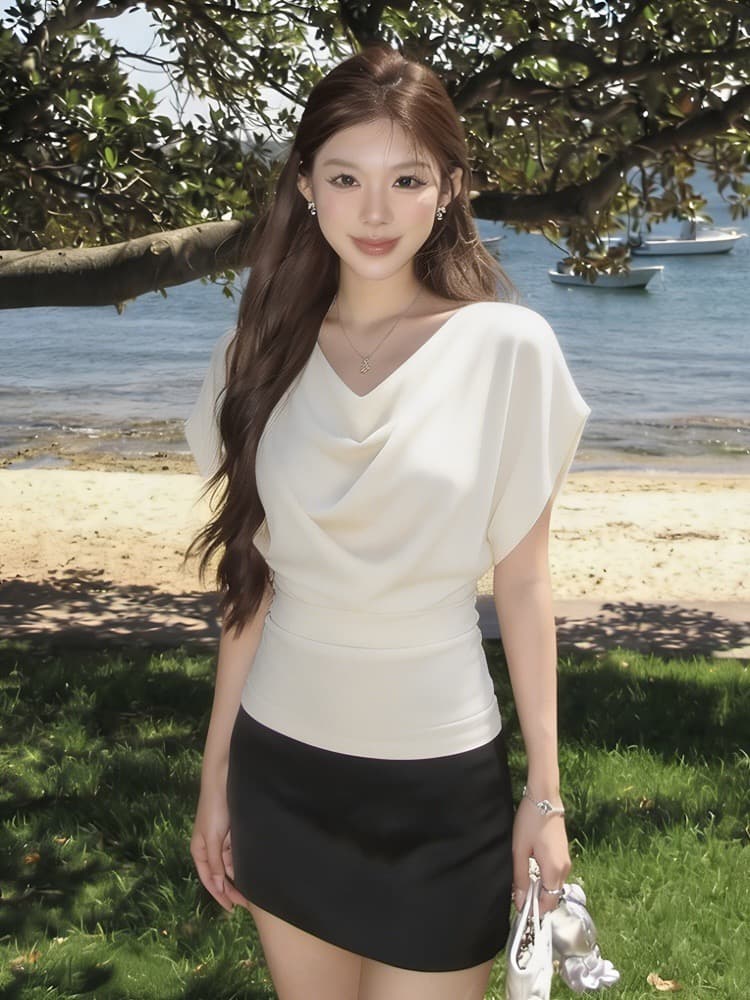 프랑스식 화이트 흔들다 칼라 허리 수축 슬림해 보이는 반팔 티셔츠 여성 여름 2026 새로운 품격 다용도 배트윙 소매 맨위 이미지 4