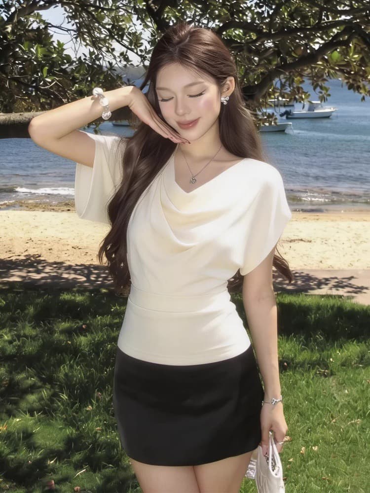 프랑스식 화이트 흔들다 칼라 허리 수축 슬림해 보이는 반팔 티셔츠 여성 여름 2026 새로운 품격 다용도 배트윙 소매 맨위 상세 이미지 3
