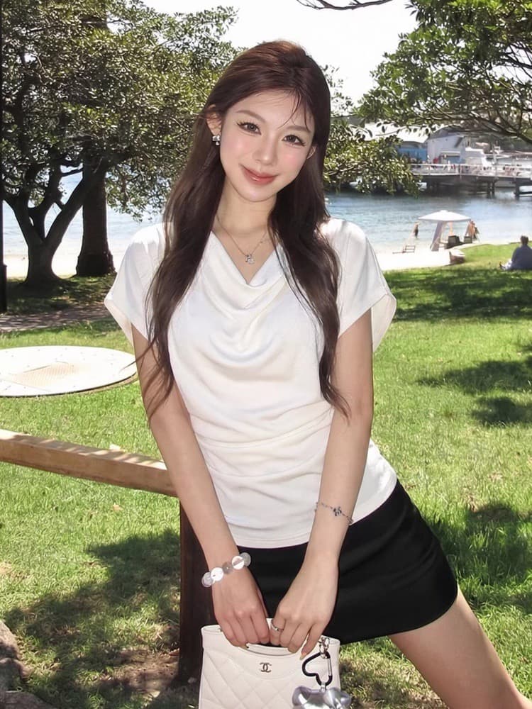 프랑스식 화이트 흔들다 칼라 허리 수축 슬림해 보이는 반팔 티셔츠 여성 여름 2026 새로운 품격 다용도 배트윙 소매 맨위 상세 이미지 5