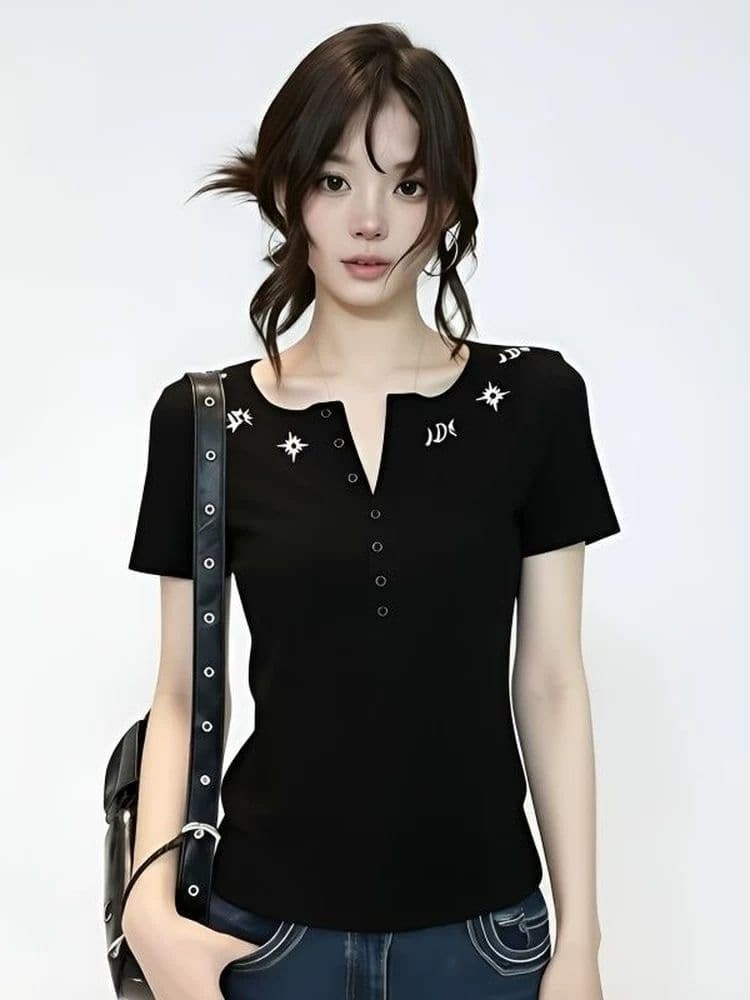 사람들 면 260 그램 아메리칸 핫걸 바람 검정색 헨리 칼라 긍정적 인 어깨 반팔 티셔츠 여성 여름 디자인 센스 몸매 가꾸기 트렌디 상세 이미지 11