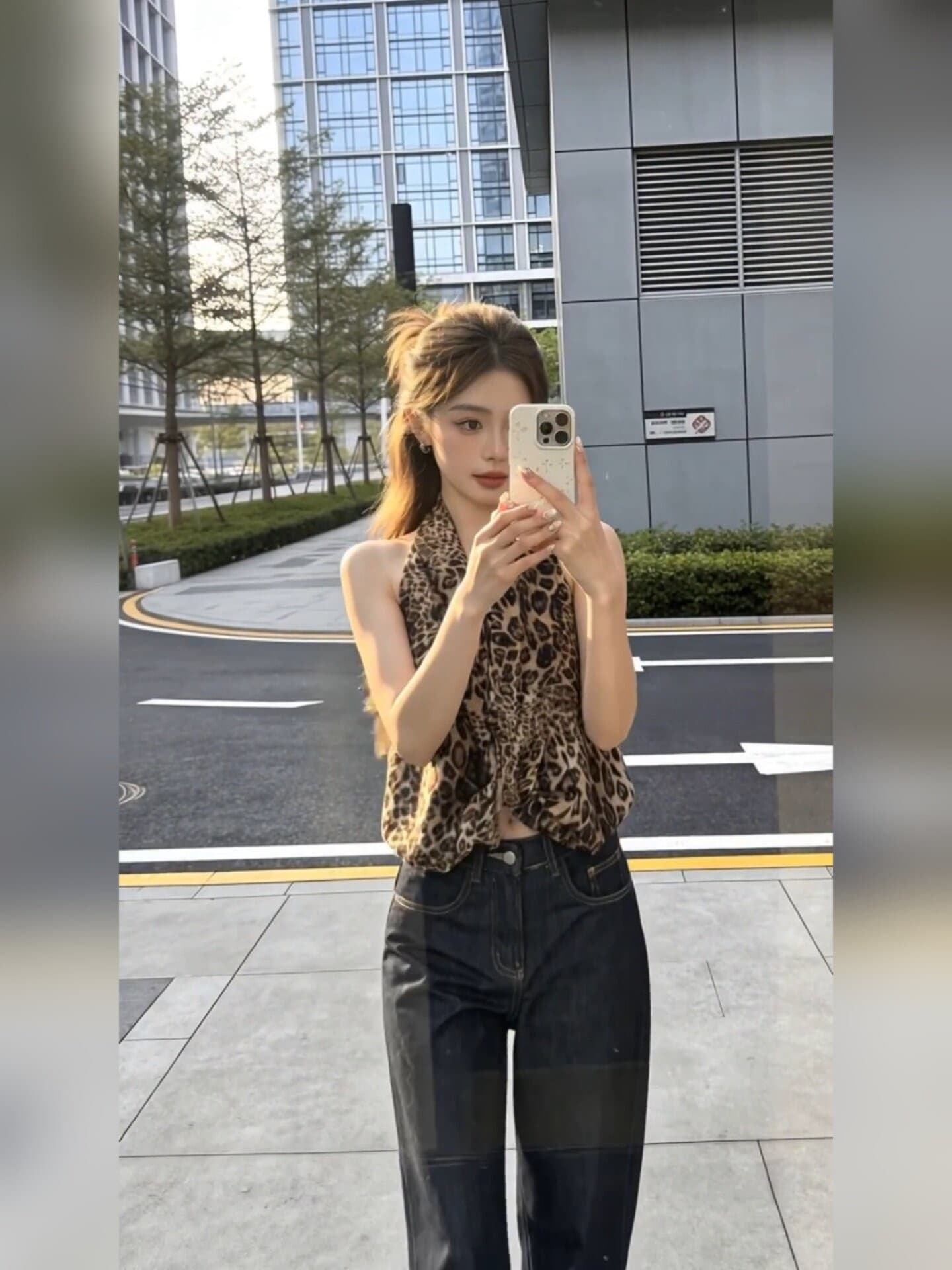 경관 그림 원본 원단 핫걸 레오파드 무늬 V넥 행침 목 조끼 여성 여름 이미지 3