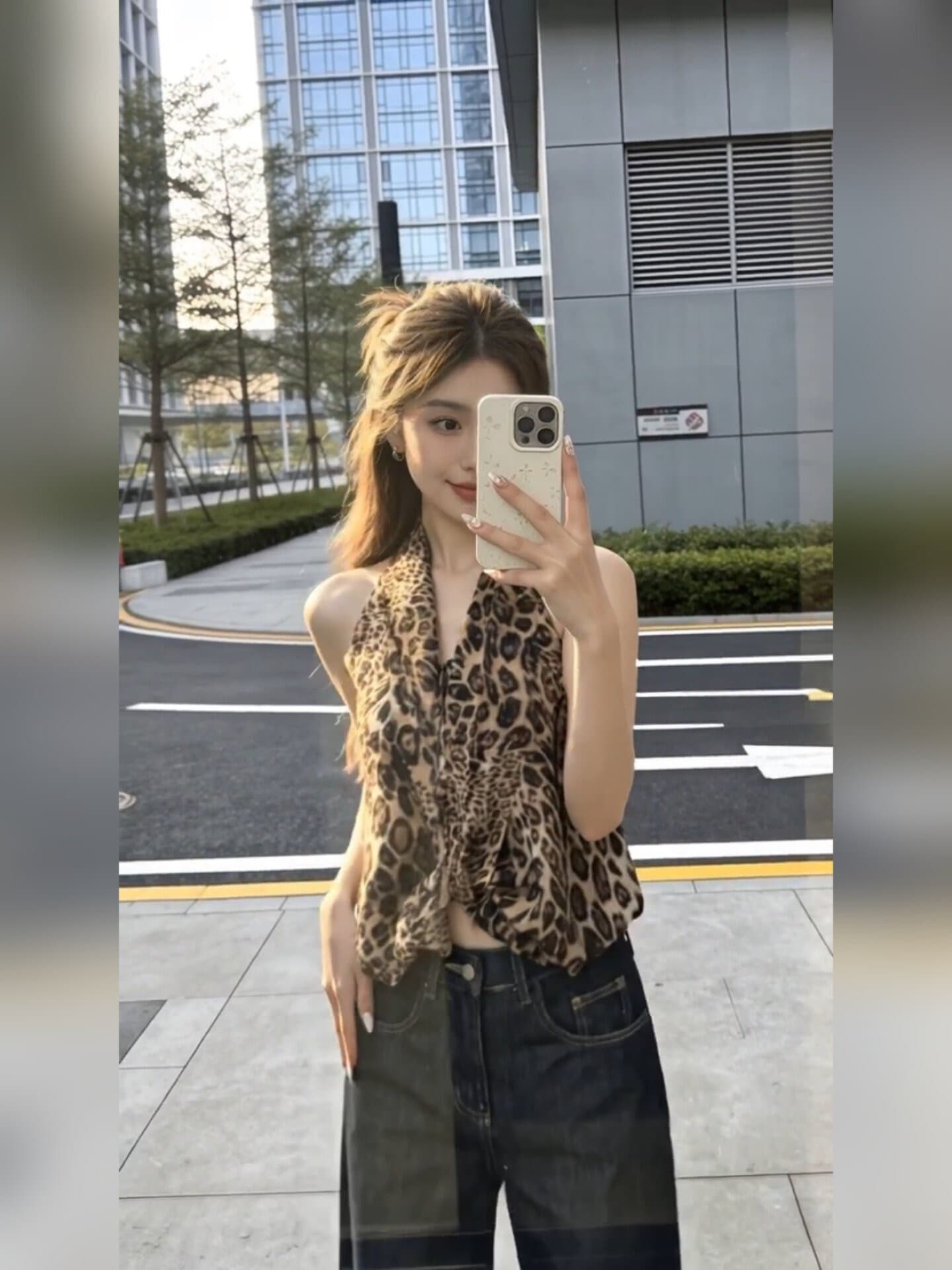 경관 그림 원본 원단 핫걸 레오파드 무늬 V넥 행침 목 조끼 여성 여름 상세 이미지 1
