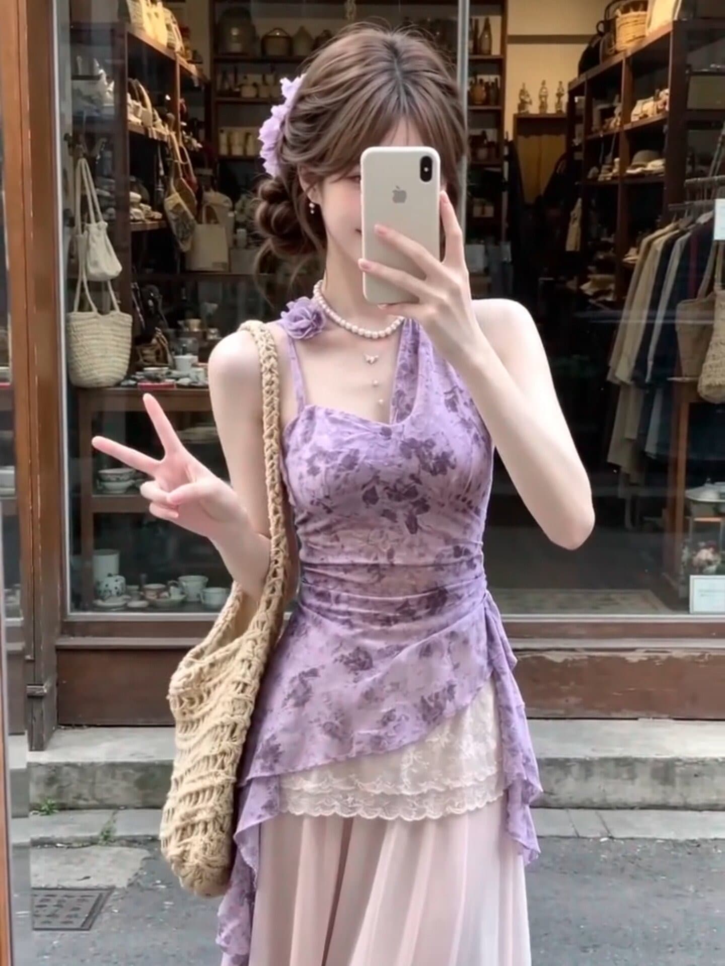 불규칙 보라색 꽃무늬 행침 목 캐미솔 여름 프릴 디자인 센스 허리 수축 순수한 욕망 핫걸 맨위 이미지 2