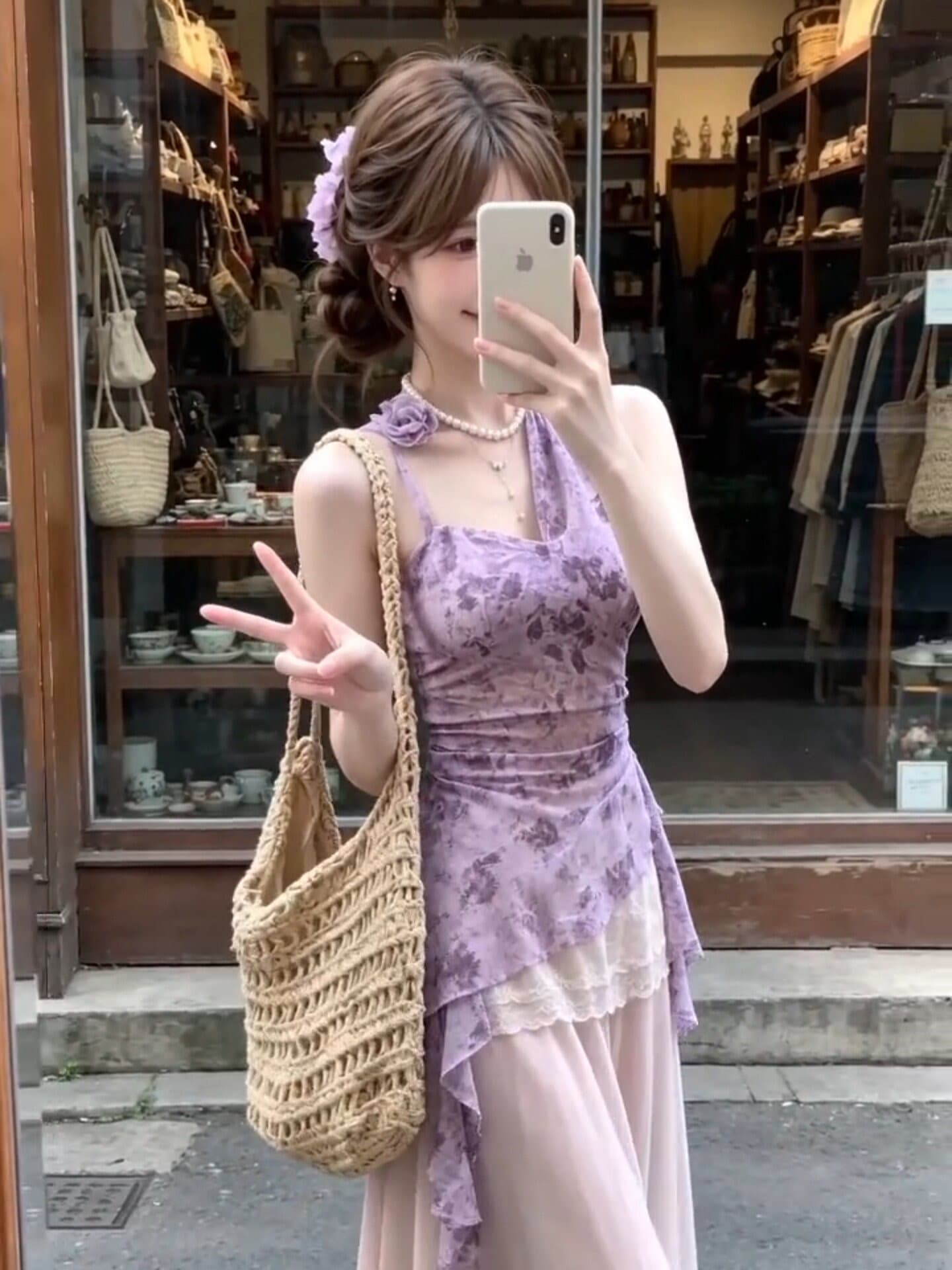 불규칙 보라색 꽃무늬 행침 목 캐미솔 여름 프릴 디자인 센스 허리 수축 순수한 욕망 핫걸 맨위 상세 이미지 4