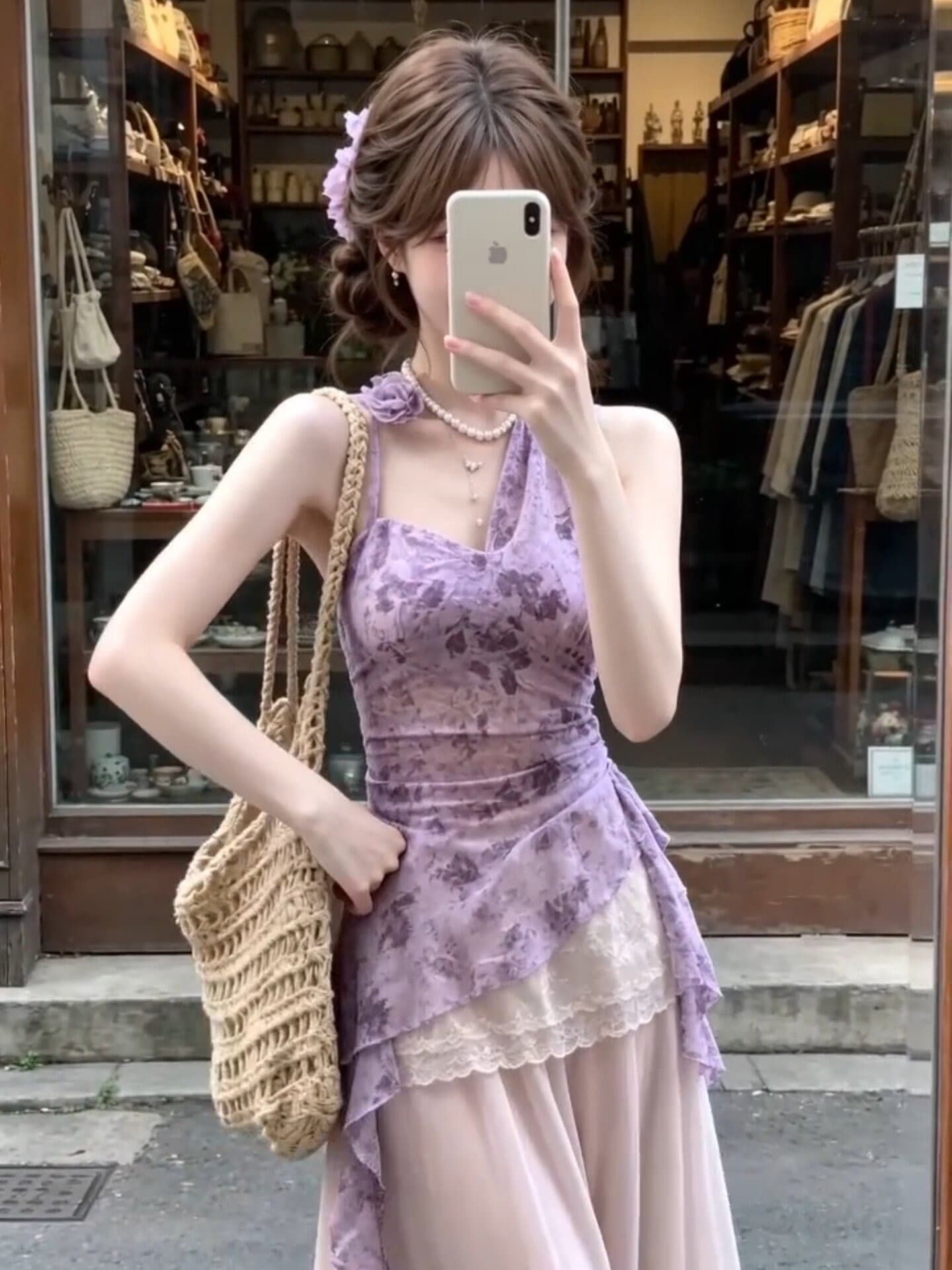 불규칙 보라색 꽃무늬 행침 목 캐미솔 여름 프릴 디자인 센스 허리 수축 순수한 욕망 핫걸 맨위 상세 이미지 8