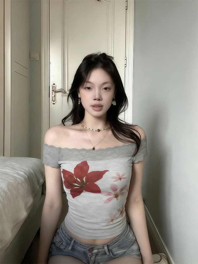 사람들 면 모달 회색 오프숄더 디자인 센스 핫걸 레이스 티셔츠 여성 여름 몸매 가꾸기 쇼트 스타일 하이웨이스트 맨위 상세 이미지 3