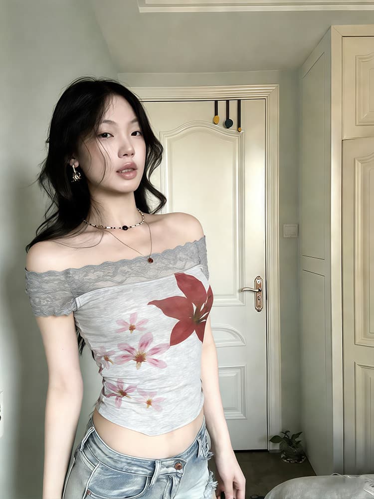 사람들 면 모달 회색 오프숄더 디자인 센스 핫걸 레이스 티셔츠 여성 여름 몸매 가꾸기 쇼트 스타일 하이웨이스트 맨위 상세 이미지 8