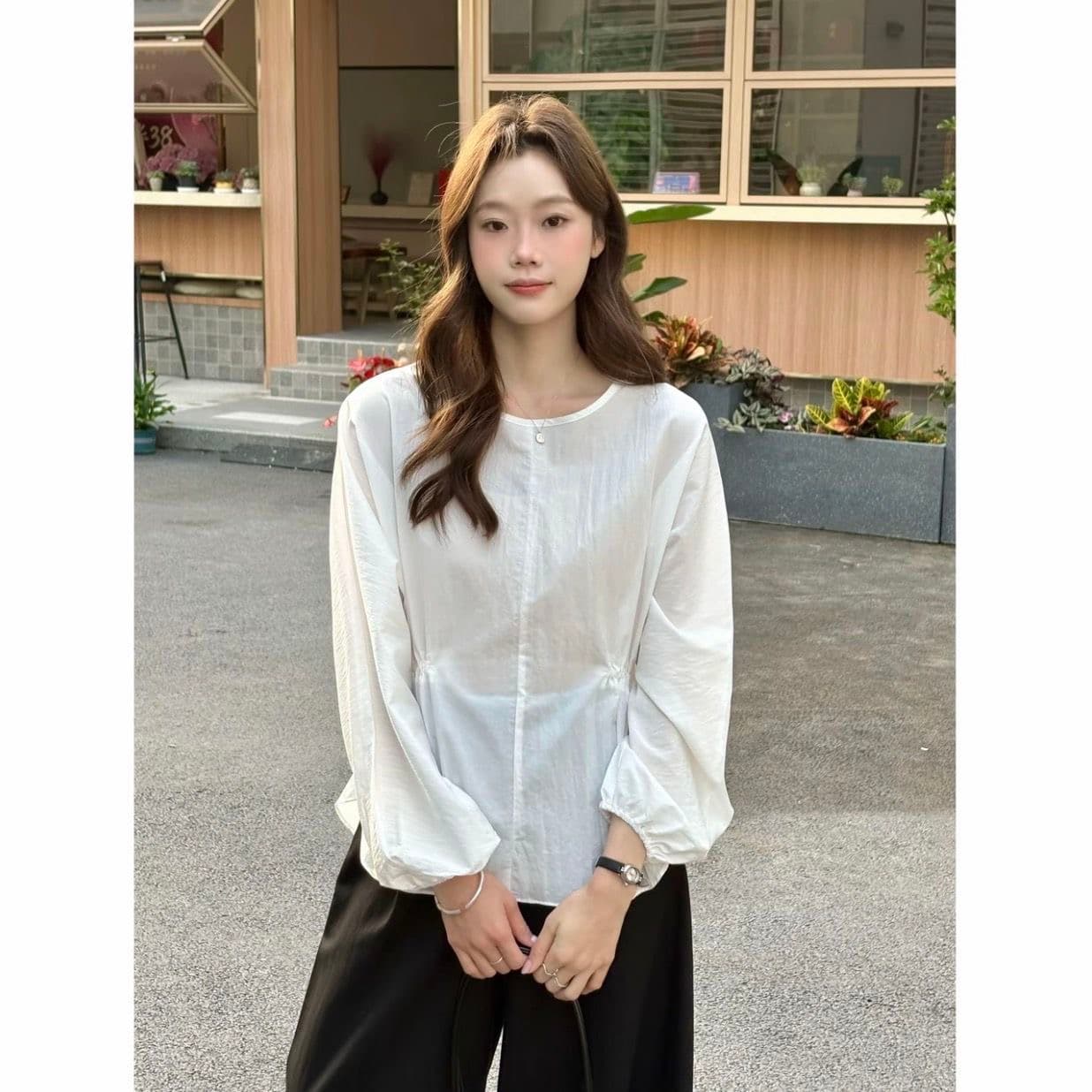 한 부서 미니멀리즘 긴팔 화이트 셔츠 허리 수축 펌프 로프 슈퍼 요정 아름다운 맨위 뒤로 스트랩 자외선 차단 여성 셔츠 이미지 4