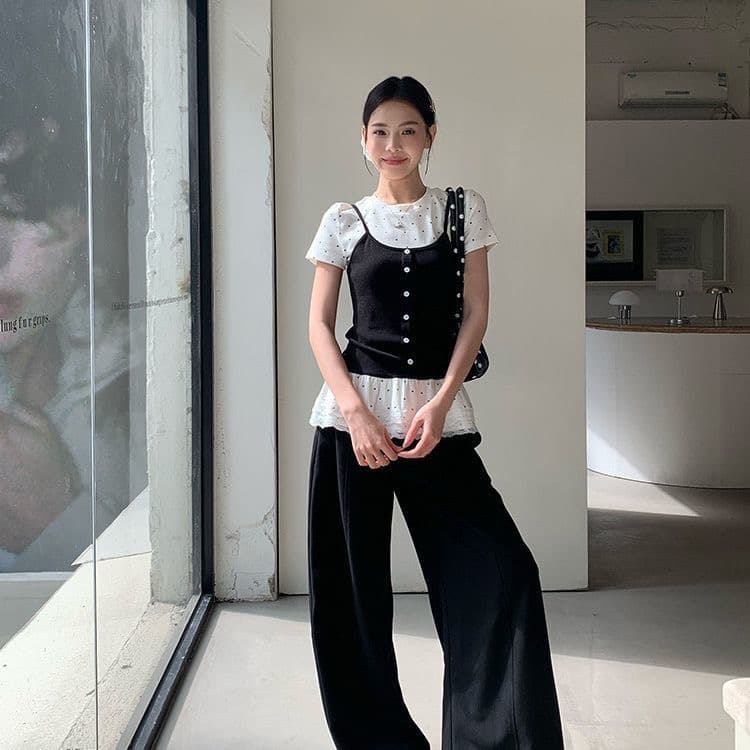 한 부서 달콤한 차가운 바람 페이크 레이어드 도트 무늬 슬립 반팔 티셔츠 미니멀리즘 귀여운 표지 고기 표지 배 폭발 다용도 맨위 이미지 4