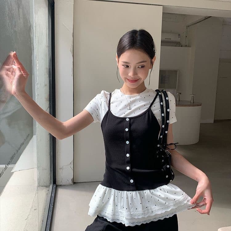 한 부서 달콤한 차가운 바람 페이크 레이어드 도트 무늬 슬립 반팔 티셔츠 미니멀리즘 귀여운 표지 고기 표지 배 폭발 다용도 맨위 상세 이미지 6